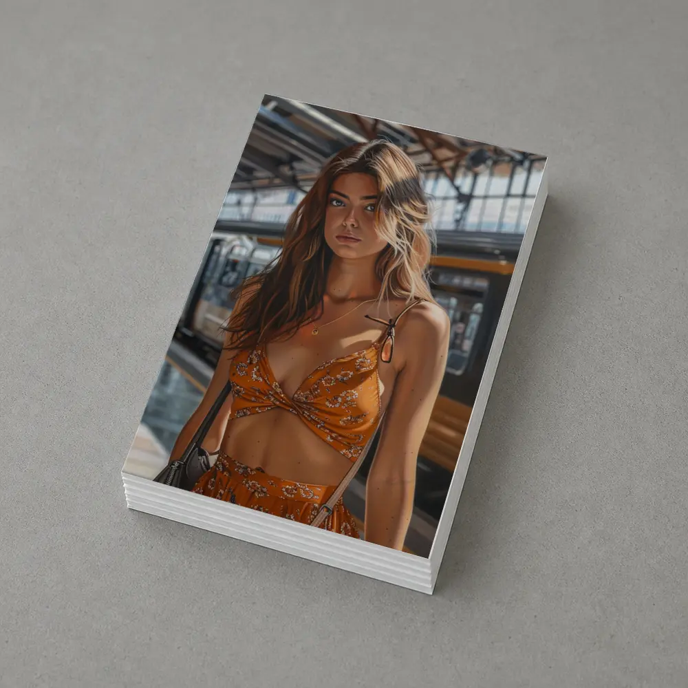 Young Woman Orange Floral Dress Train Station – Postcards