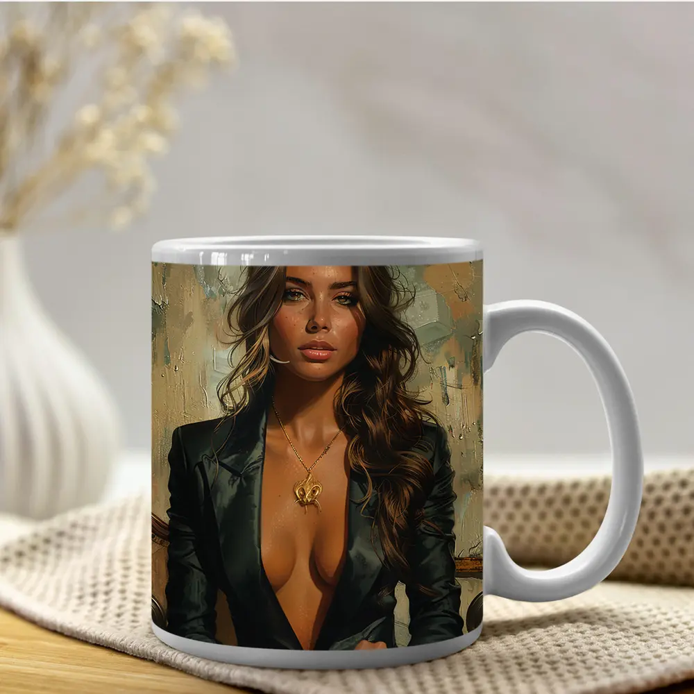 Woman in Black Blazer Oil Painting Art – Mugs