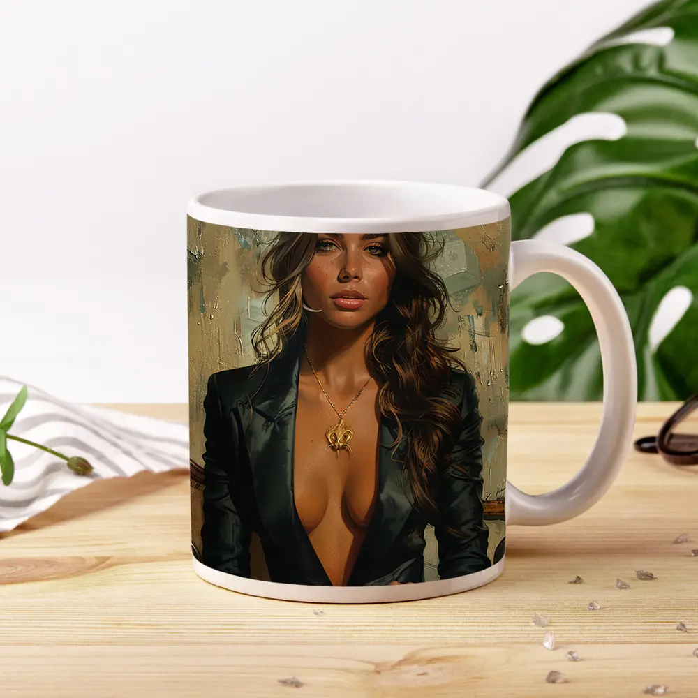 Woman Motorcycle Oil Painting Abstract Background – Mugs