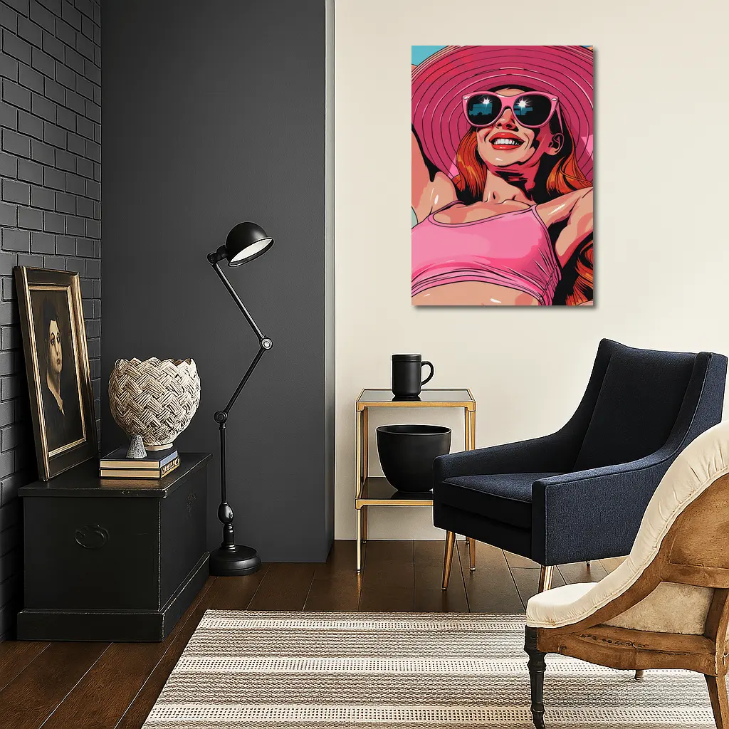 Smiling Woman Pink Hat Sunglasses Pop Art – Wall Art