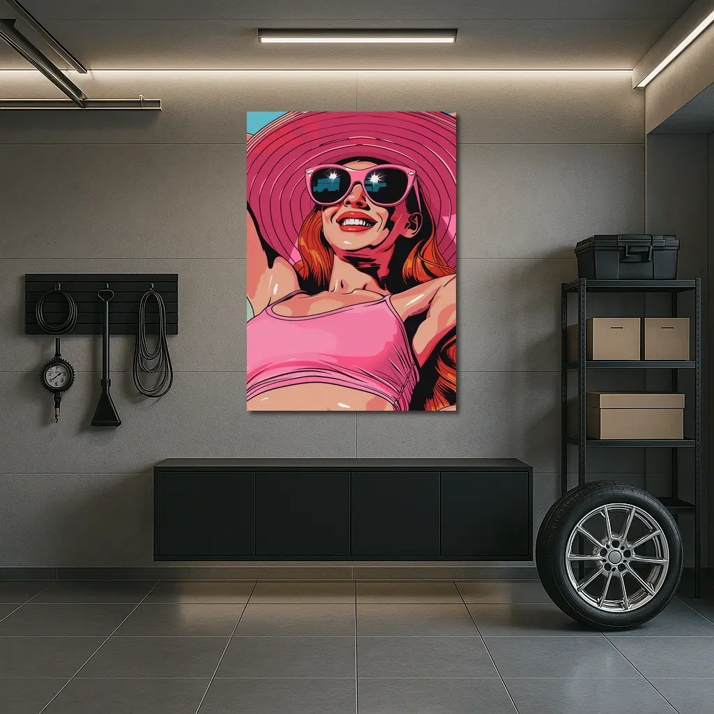 Smiling Woman Pink Hat Sunglasses Pop Art – Wall Art