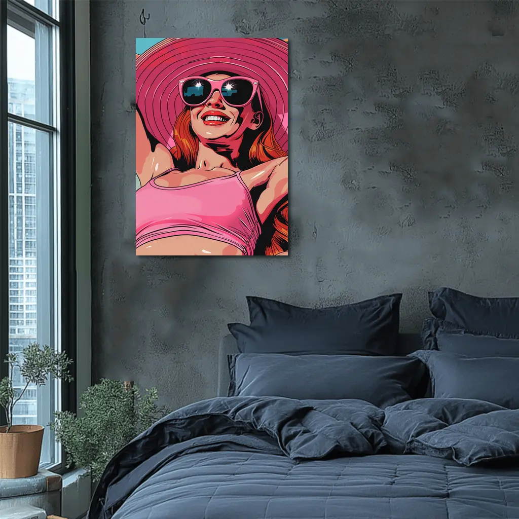 Smiling Woman Pink Hat Sunglasses Pop Art – Wall Art