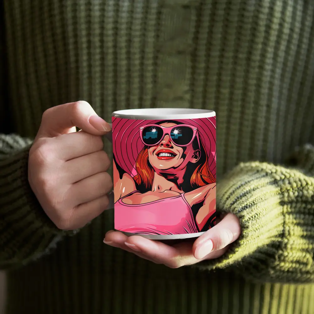Smiling Woman Pink Hat Sunglasses Pop Art – Mugs