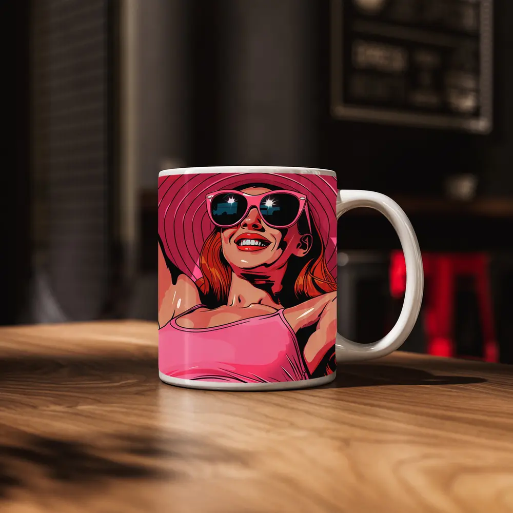Smiling Woman Pink Hat Sunglasses Pop Art – Mugs