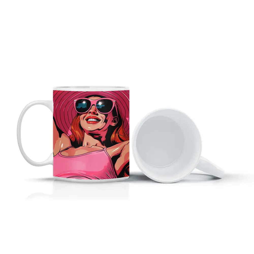 Smiling Woman Pink Hat Sunglasses Pop Art – Mugs