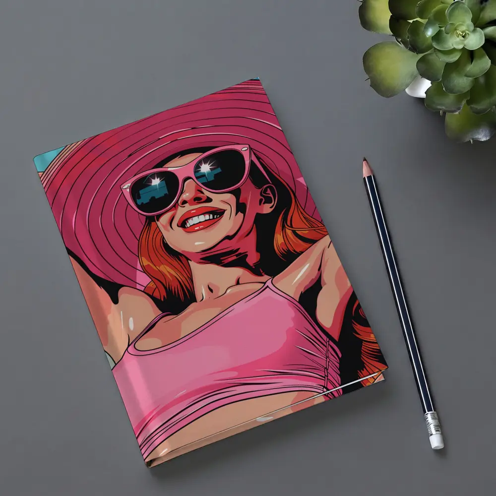 Smiling Woman Pink Hat Sunglasses Pop Art – Notebooks