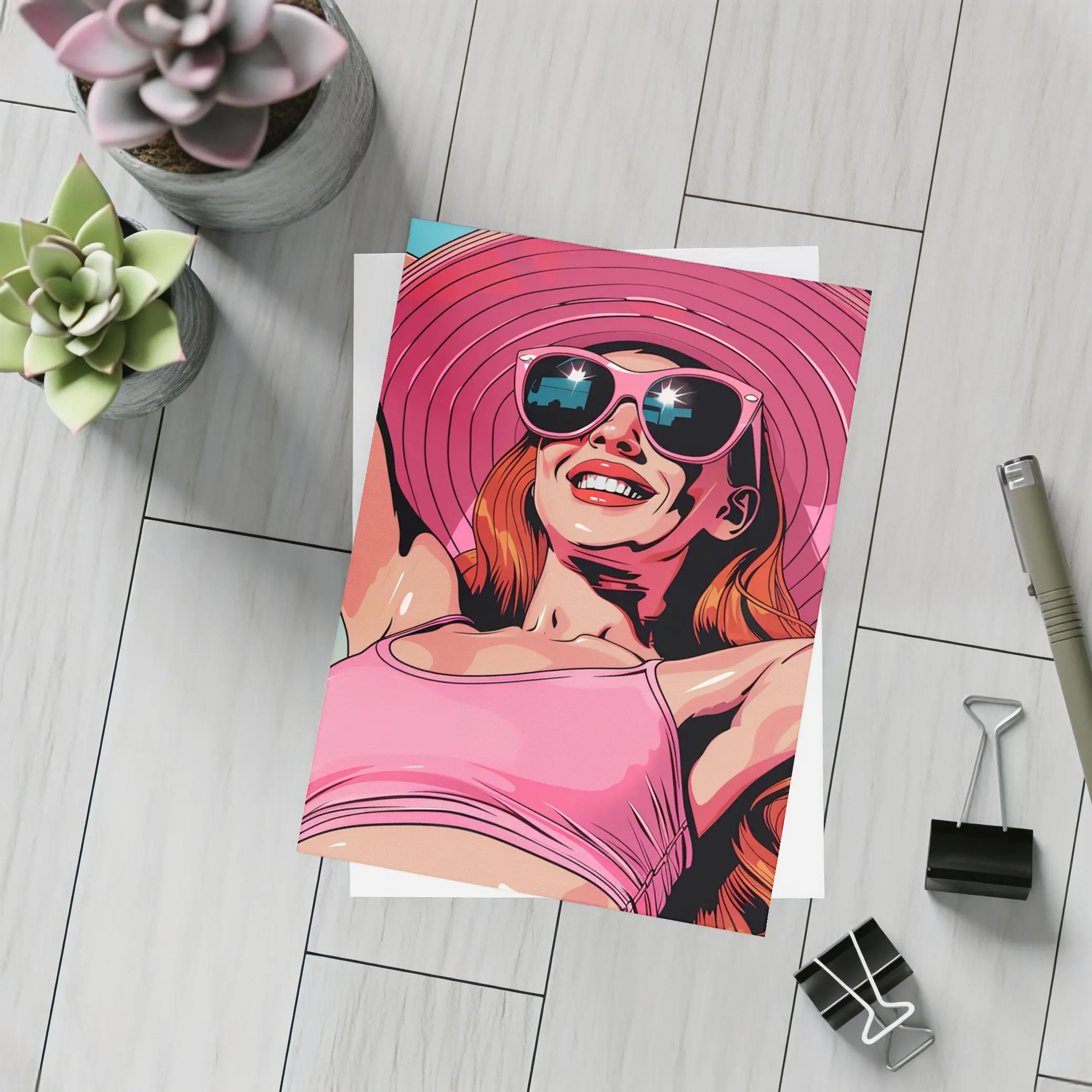 Smiling Woman Pink Hat Sunglasses Pop Art – Postcards