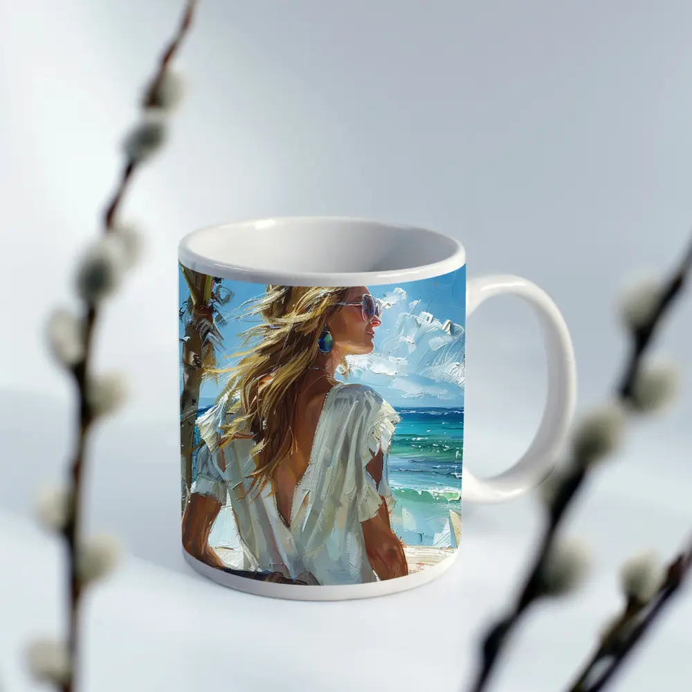 Blonde Woman Oil Painting Tropical Beach – Mugs