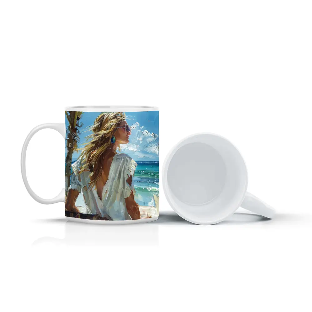 Blonde Woman Oil Painting Tropical Beach – Mugs
