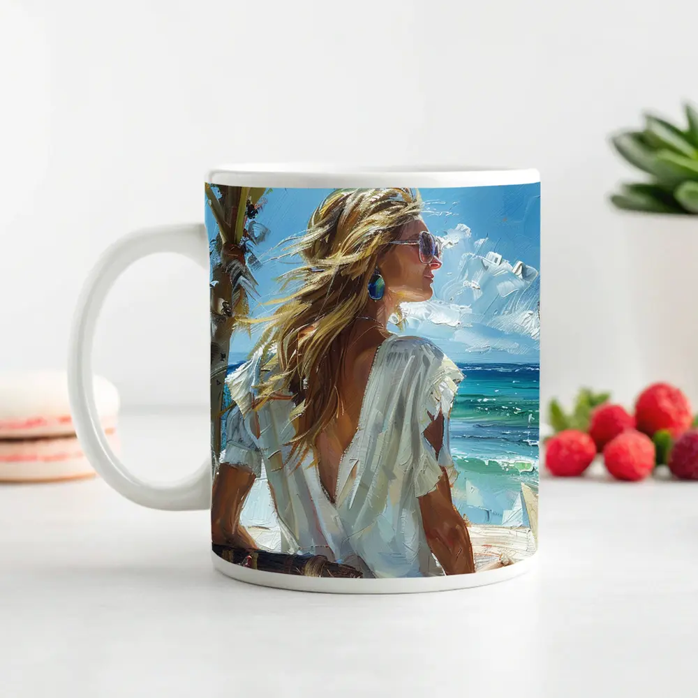 Blonde Woman Oil Painting Tropical Beach – Mugs