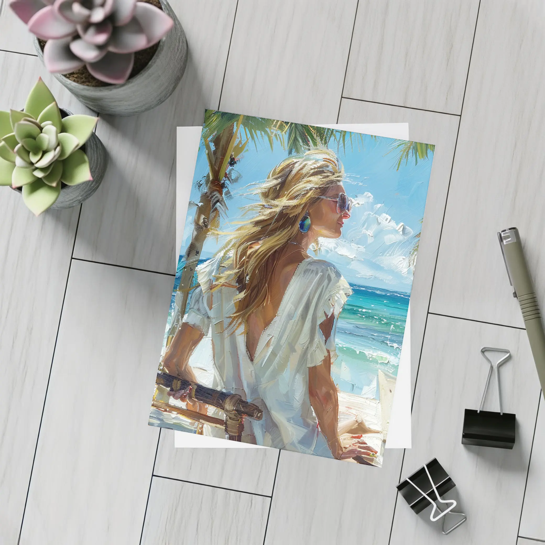 Blonde Woman Oil Painting Tropical Beach – Postcards