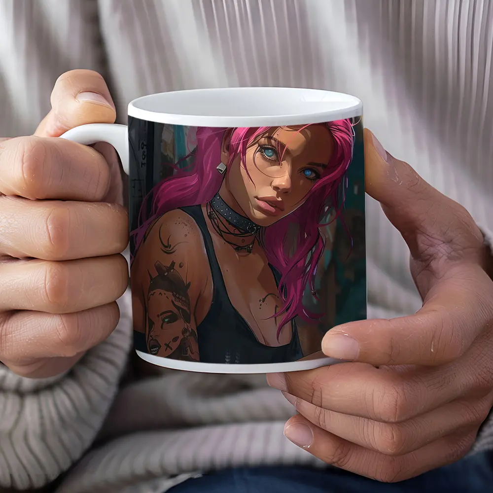 Pink Hair Tattooed Woman Urban Street Art – Mugs