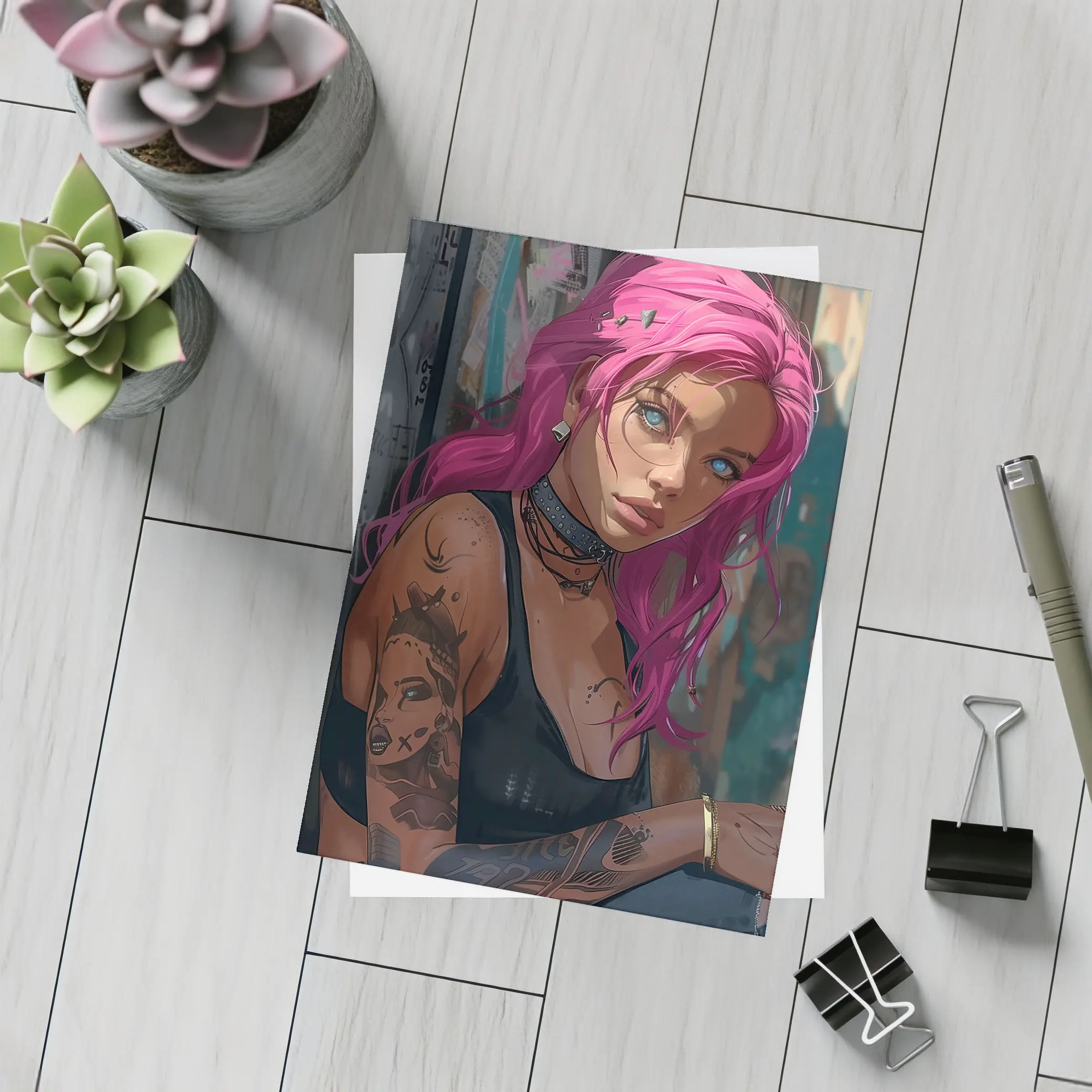 Pink Hair Tattooed Woman Urban Street Art – Postcards