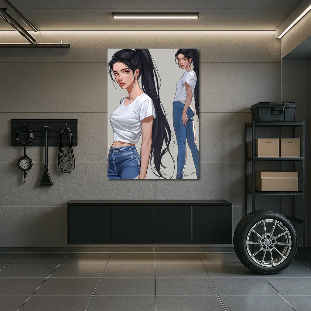 Anime Girl White Tee Jeans Gray Background – Wall Art