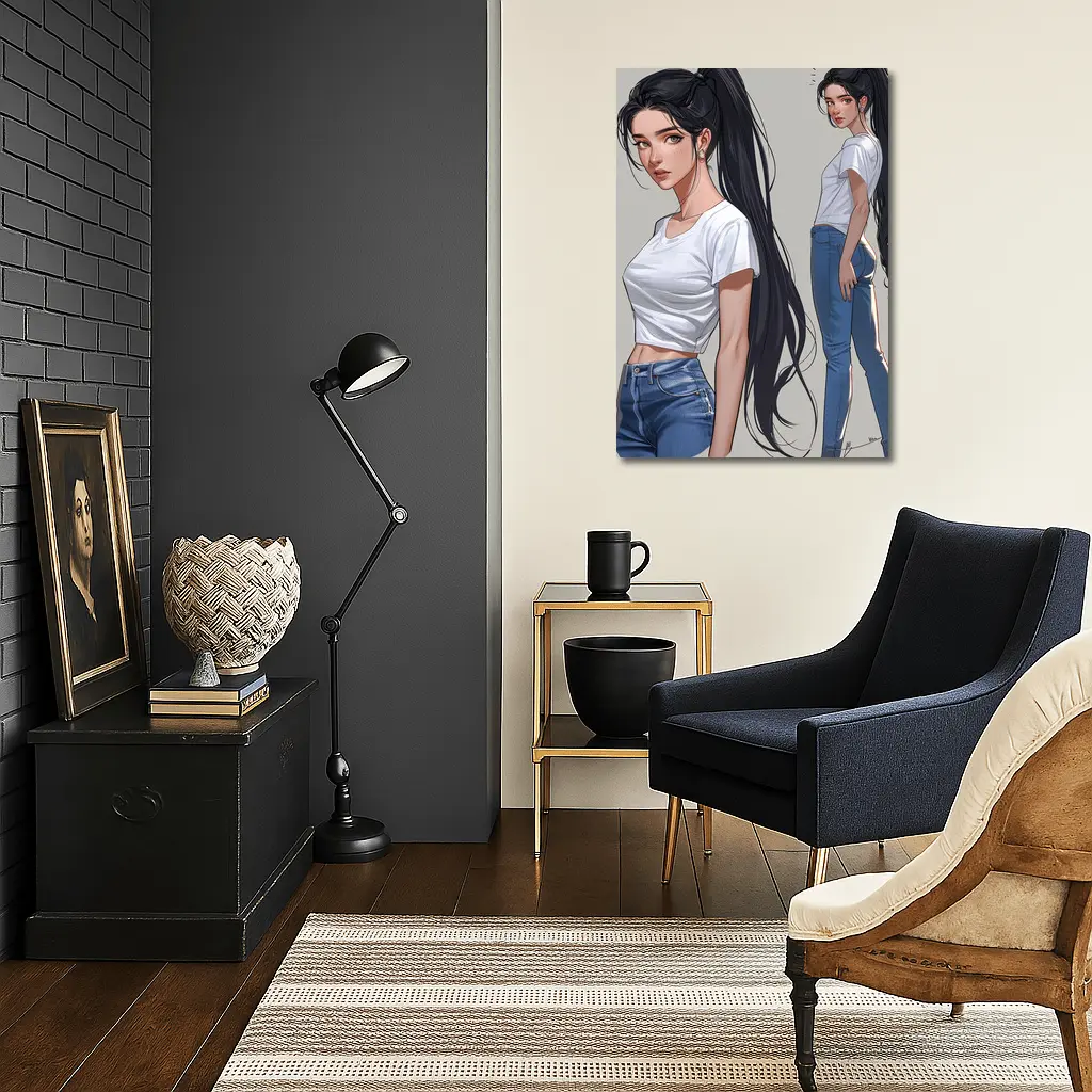 Anime Girl White Tee Jeans Gray Background – Wall Art