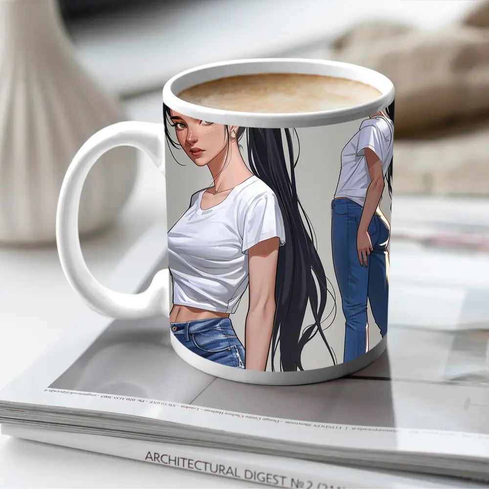 Anime Girl White Tee Jeans Gray Background – Mugs