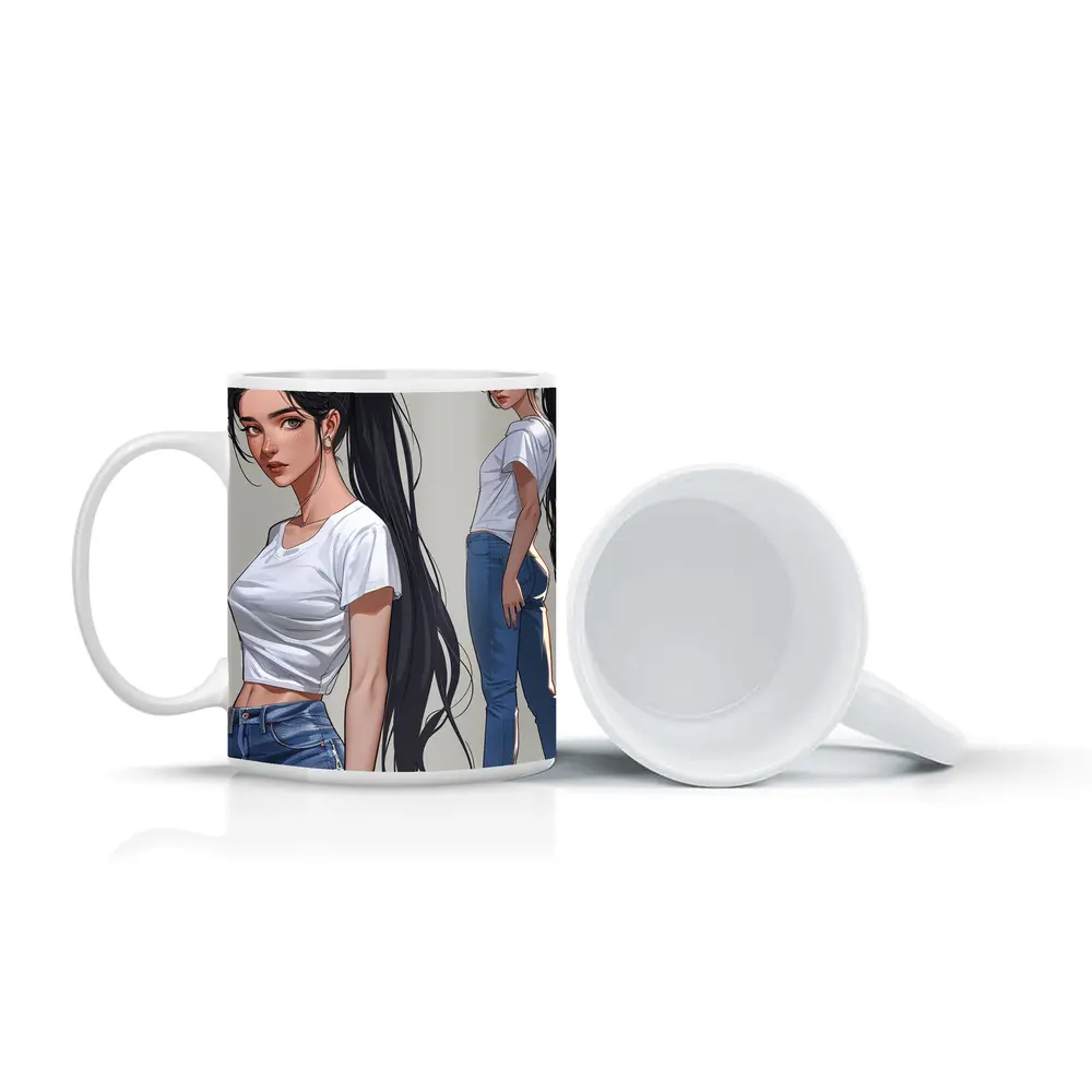 Anime Girl White Tee Jeans Gray Background – Mugs