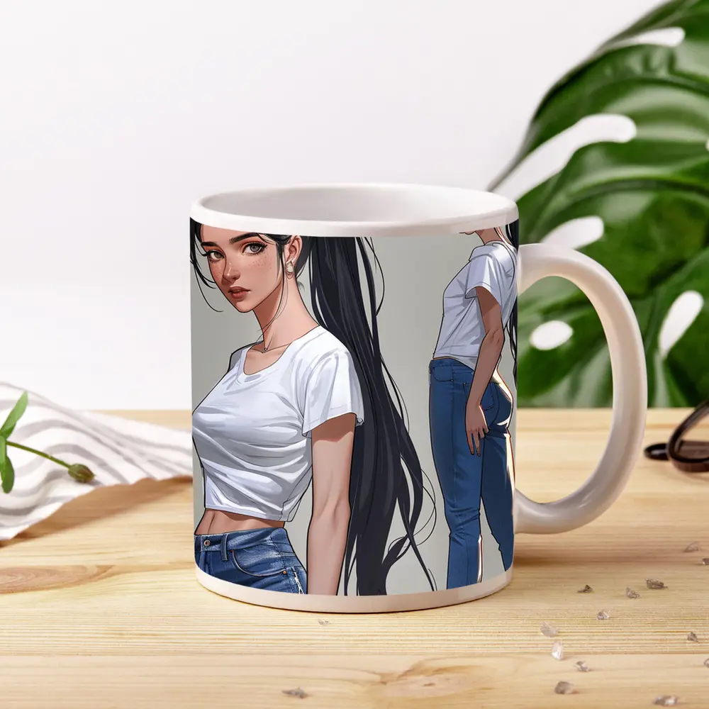 Anime Girl White Tee Jeans Gray Background – Mugs