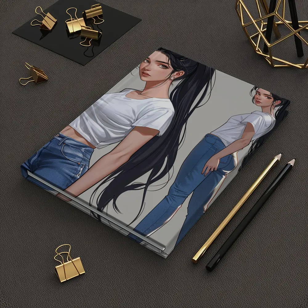 Anime Girl White Tee Jeans Gray Background – Notebooks