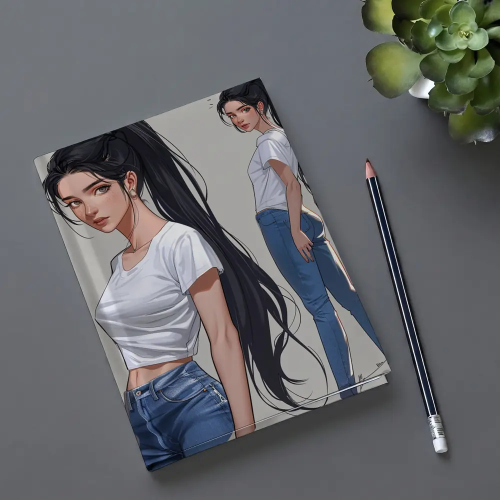 Anime Girl White Tee Jeans Gray Background – Notebooks