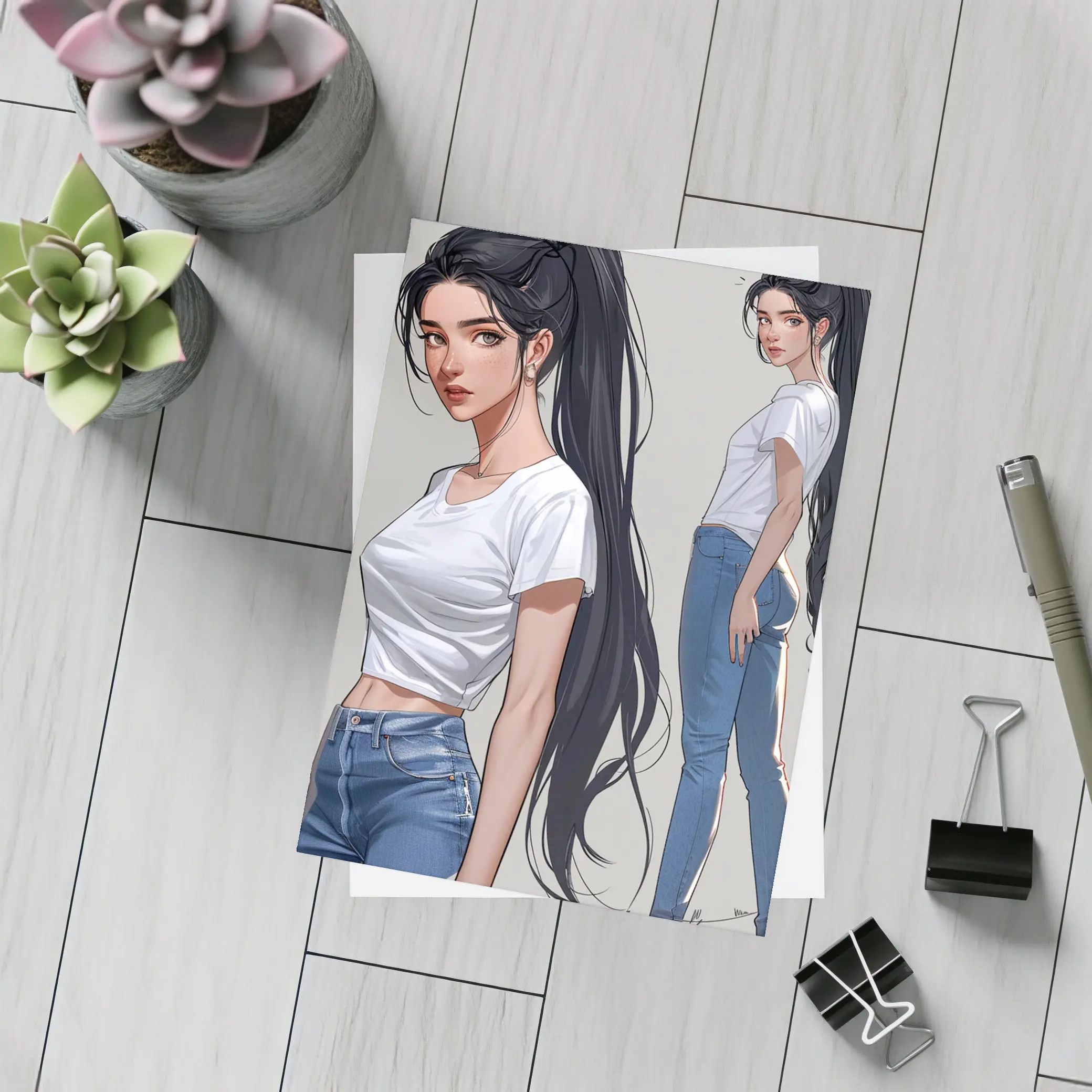 Anime Girl White Tee Jeans Gray Background – Postcards