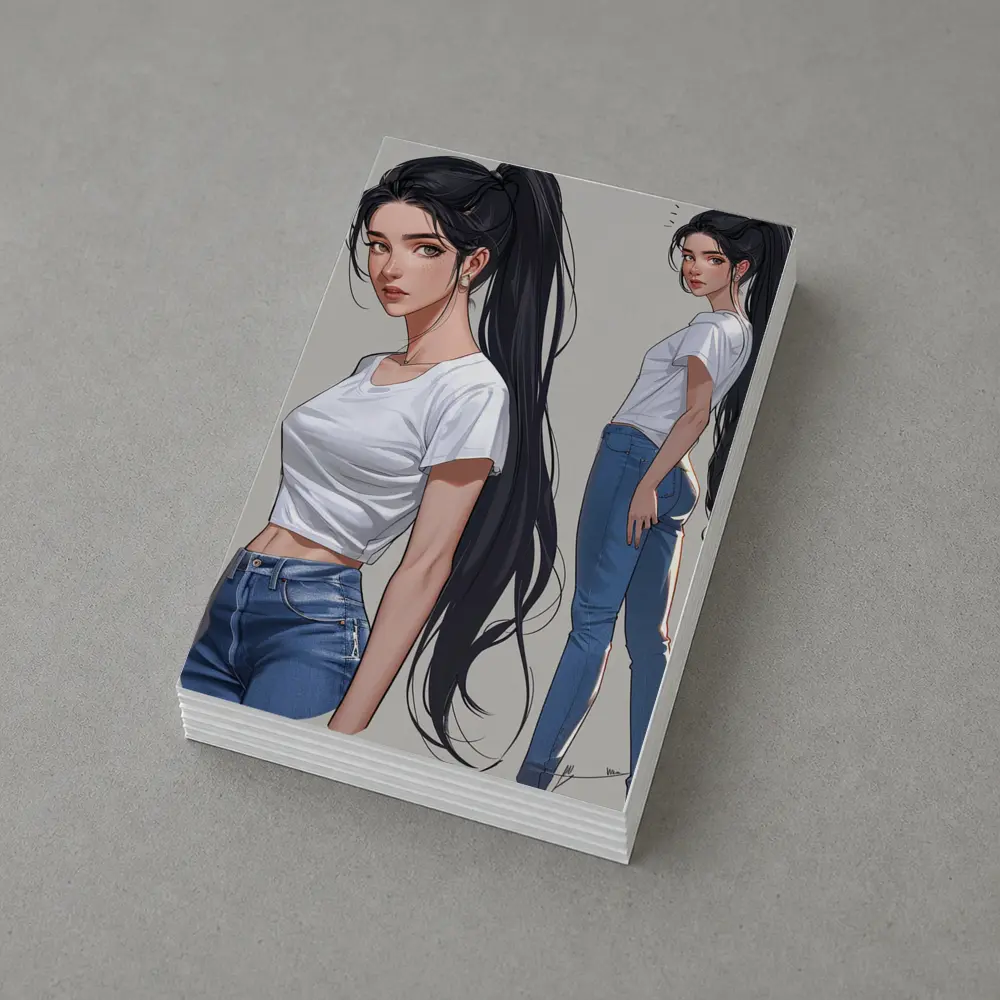 Anime Girl White Tee Jeans Gray Background – Postcards