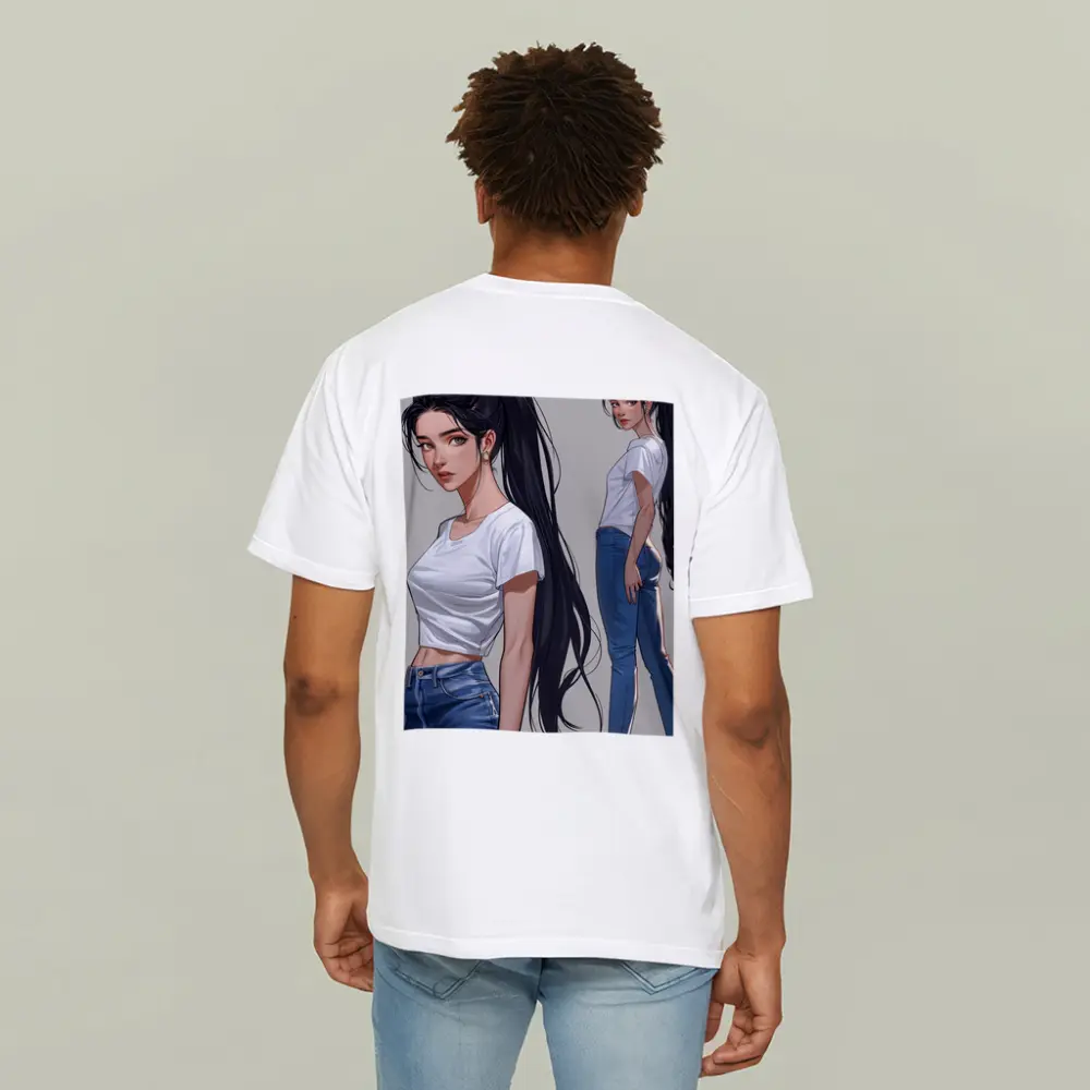 Anime Girl White Tee Jeans Gray Background – T-Shirts