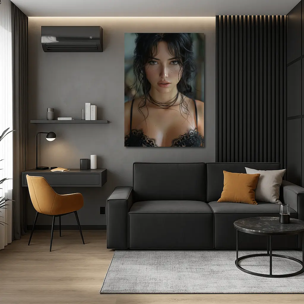 Dark Haired Woman Black Lace Portrait – Wall Art