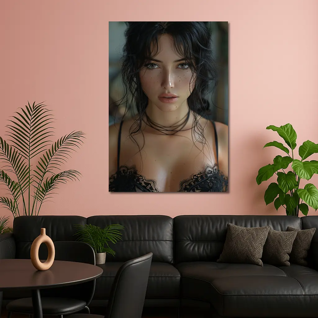 Dark Haired Woman Black Lace Portrait – Wall Art