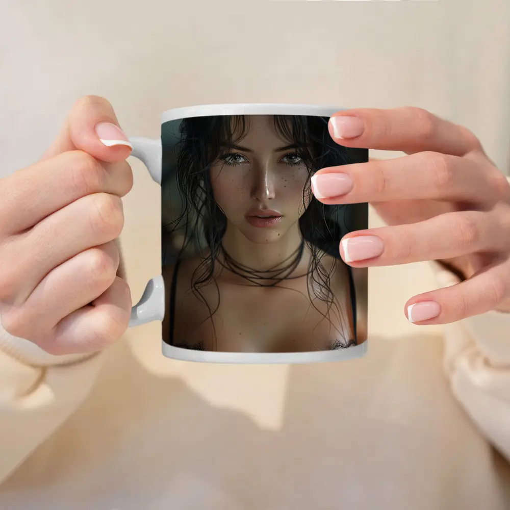Dark Haired Woman Black Lace Portrait – Mugs