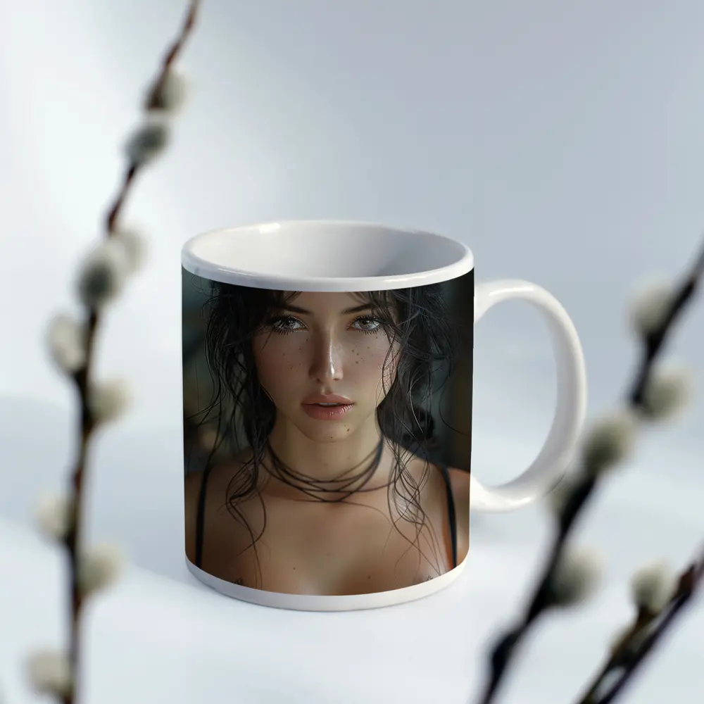 Dark Haired Woman Black Lace Portrait – Mugs