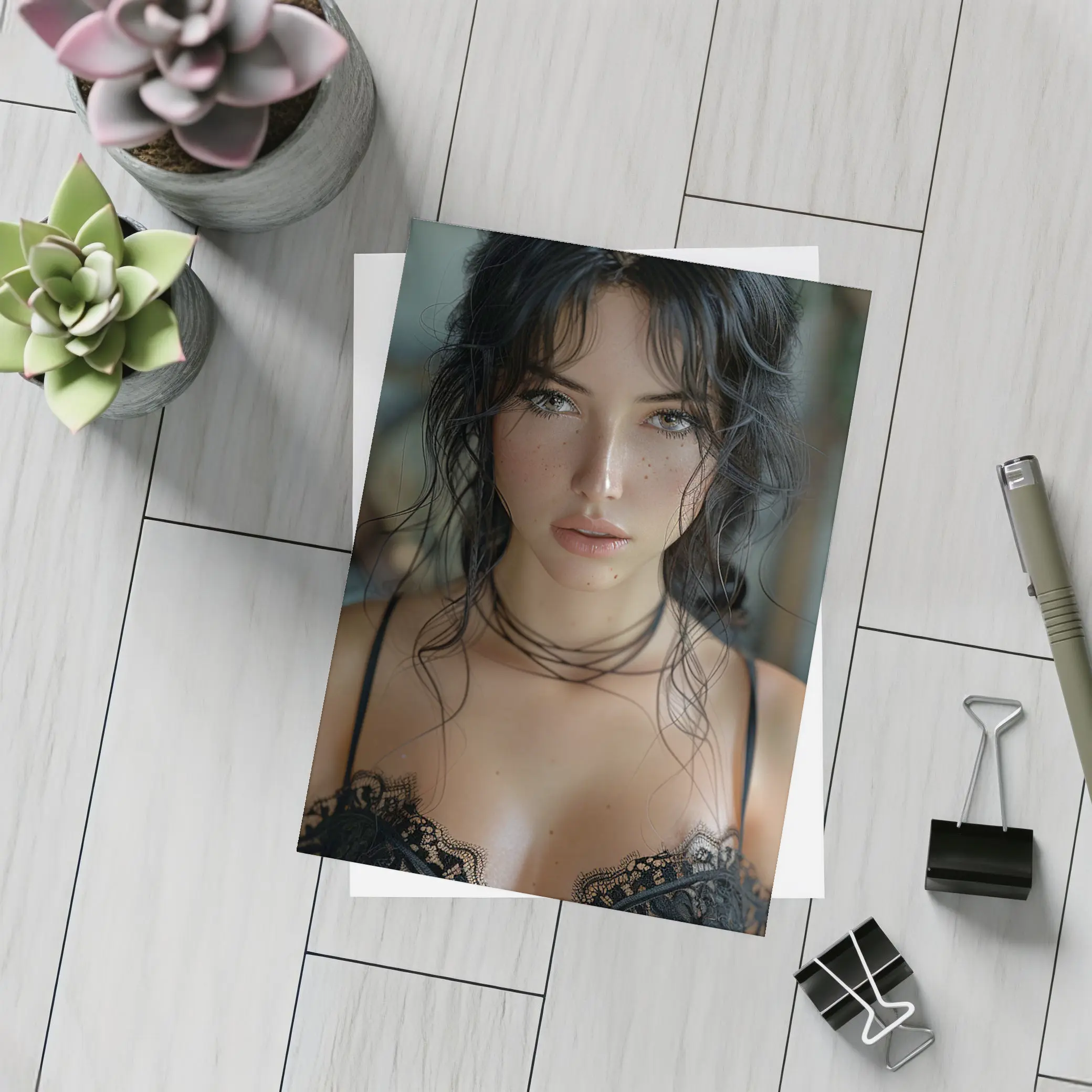 Dark Haired Woman Black Lace Portrait – Postcards
