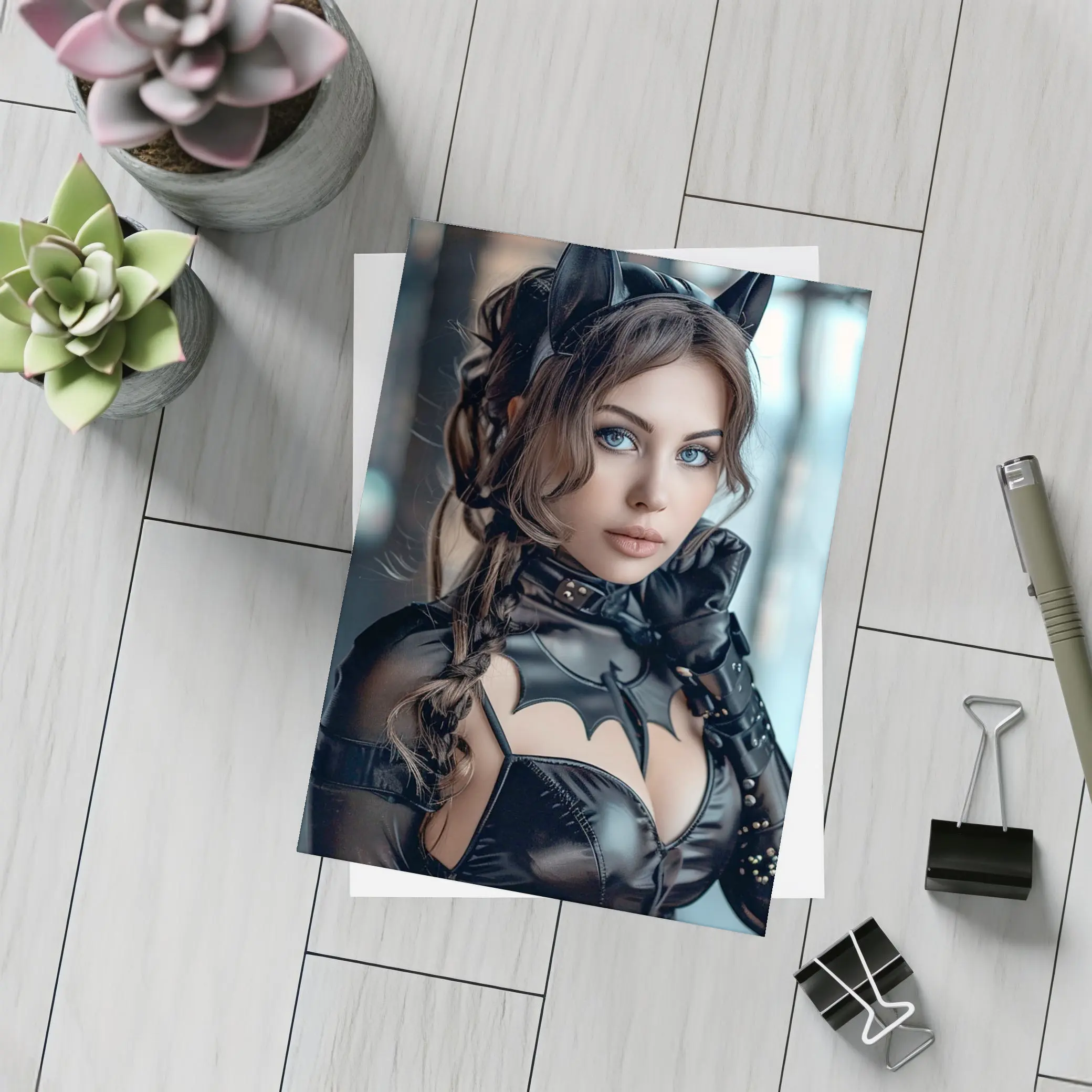 Catwoman Cosplay Girl Blue Eyes Portrait – Postcards