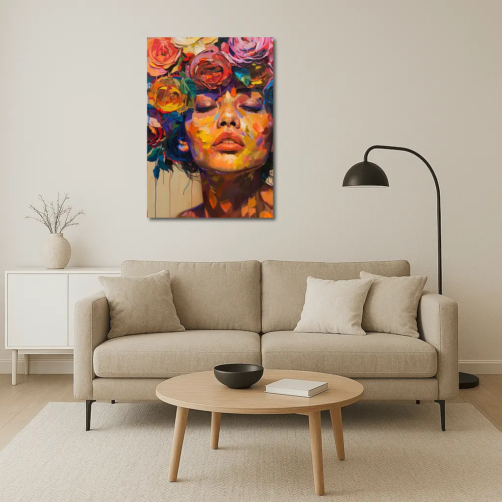 Woman Face Colorful Roses Floral Oil Painting – Wall Art