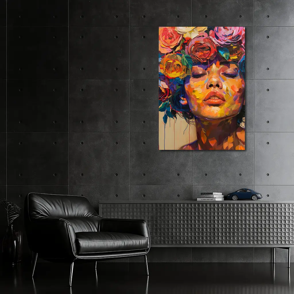 Woman Face Colorful Roses Floral Oil Painting – Wall Art