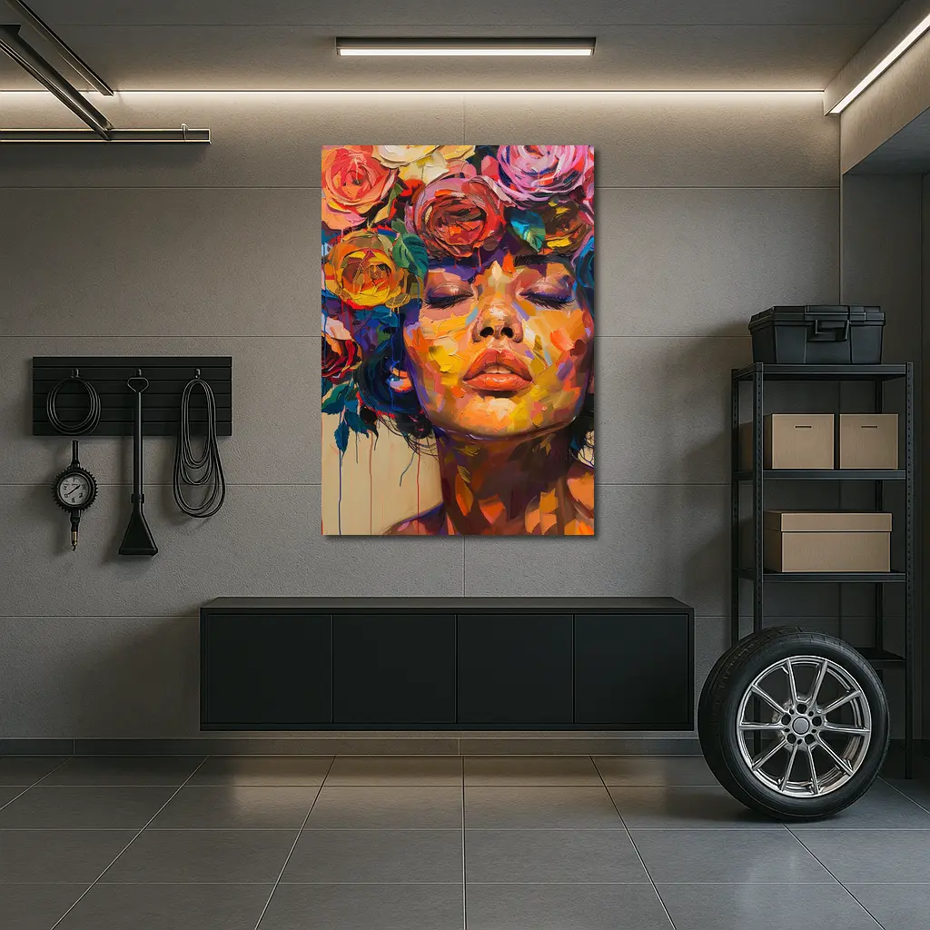 Woman Face Colorful Roses Floral Oil Painting – Wall Art
