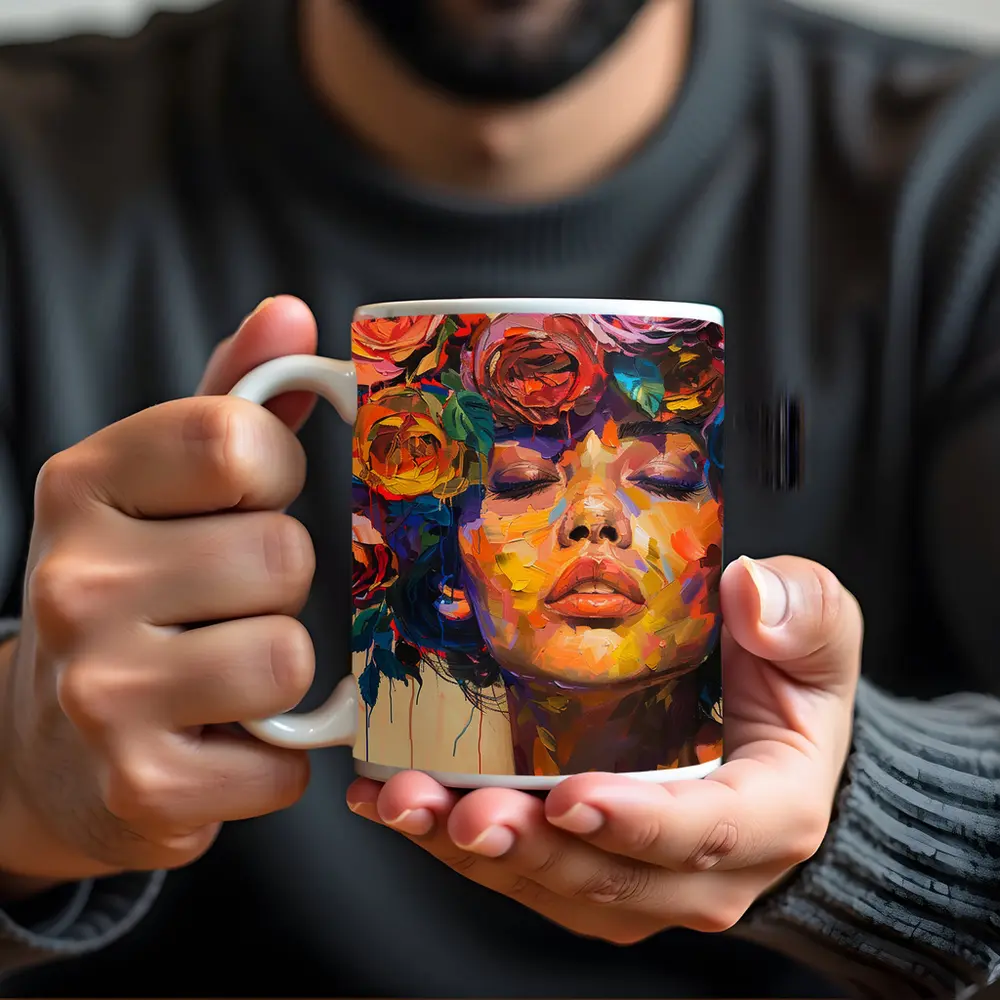 Woman Face Colorful Roses Floral Oil Painting – Mugs