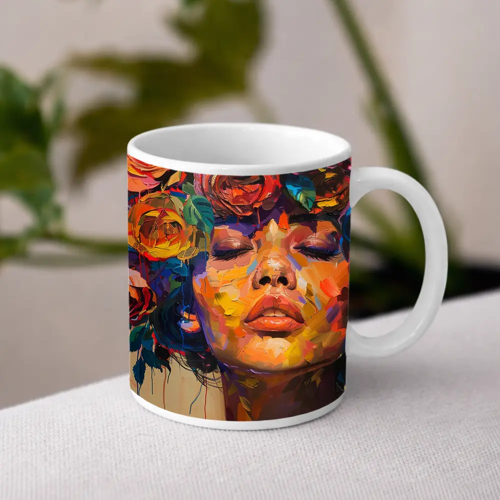 Woman Face Colorful Roses Floral Oil Painting – Mugs