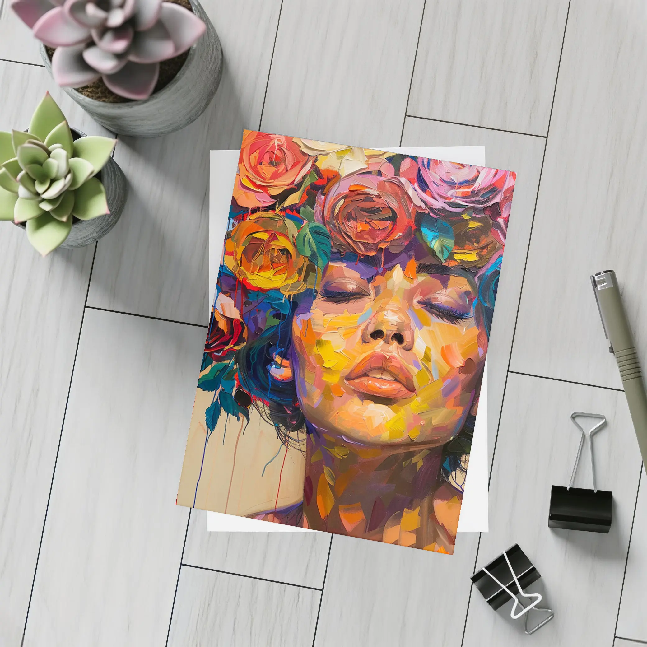 Woman Face Colorful Roses Floral Oil Painting – Postcards