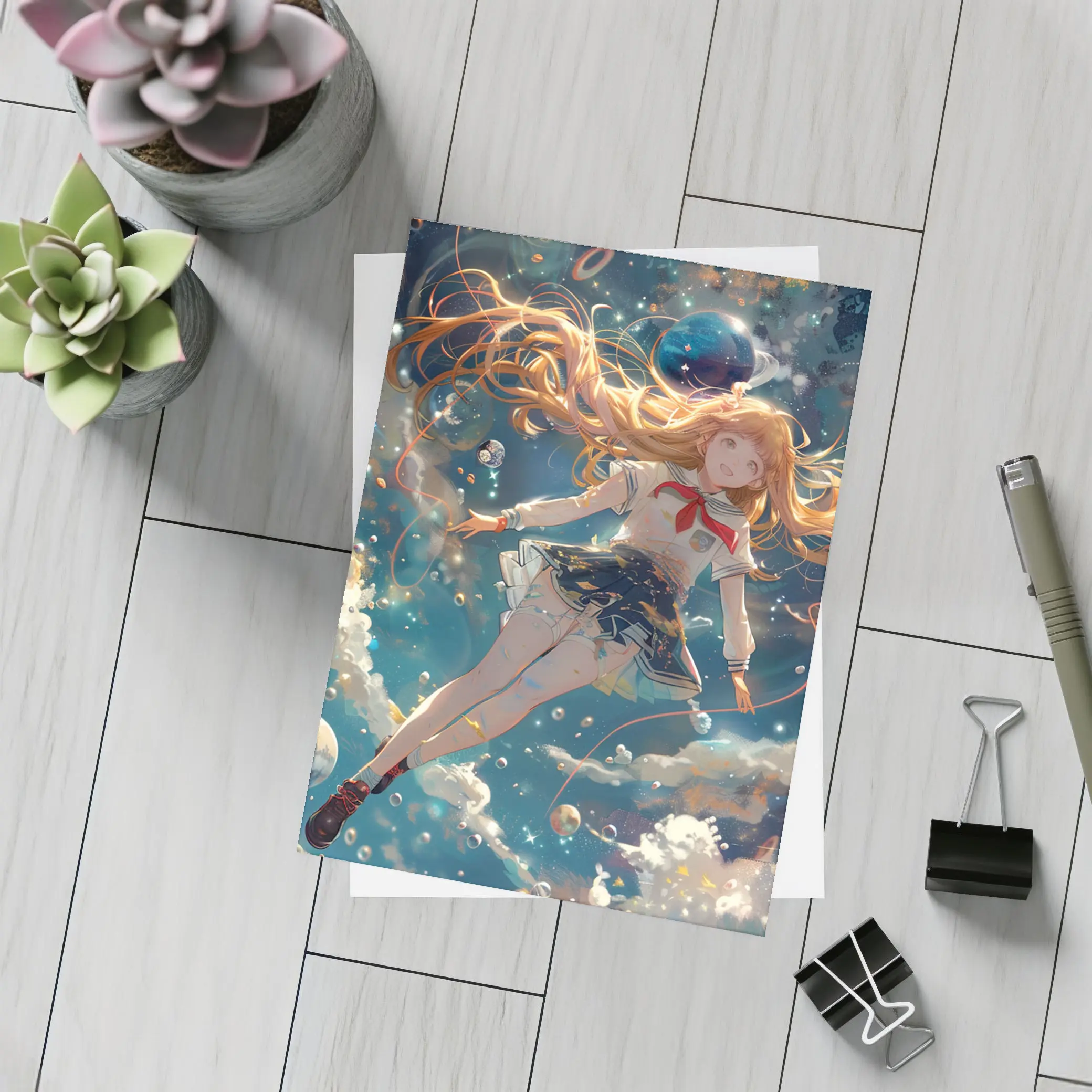 Anime Girl Floating in Cosmic Space – Postcards