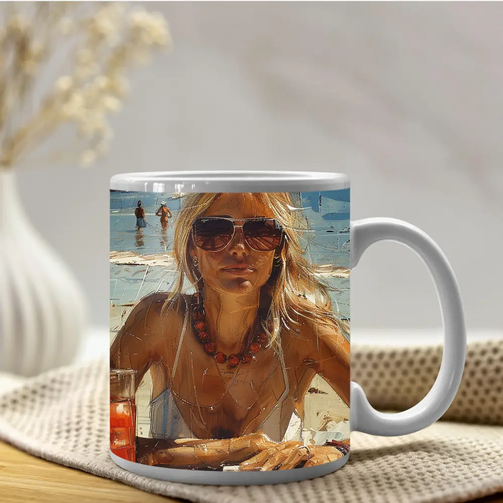 Blonde Woman Beach Summer Oil Painting Art – Mugs