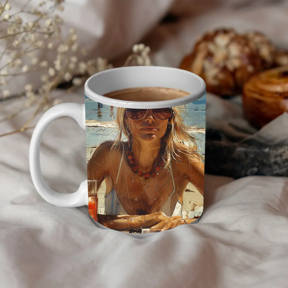 Blonde Woman Beach Summer Oil Painting Art – Mugs
