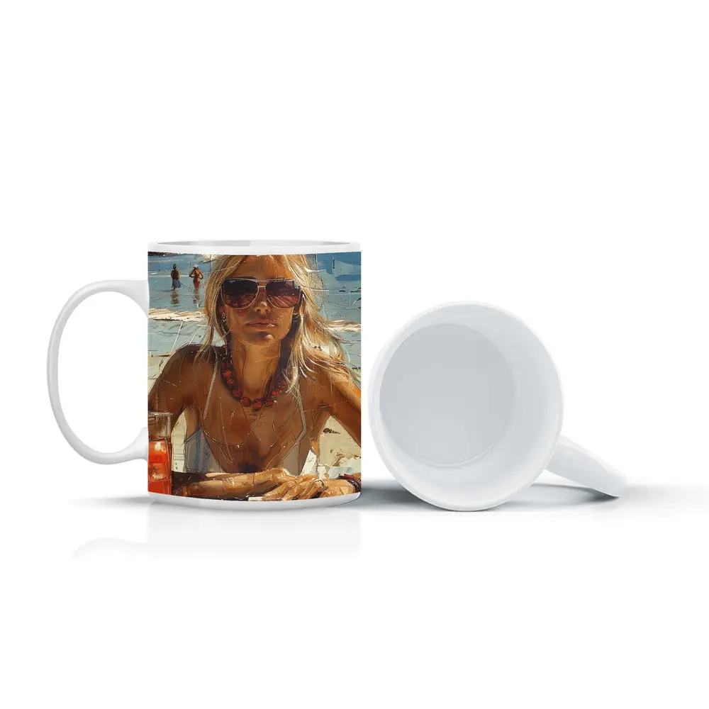 Blonde Woman Beach Summer Oil Painting Art – Mugs