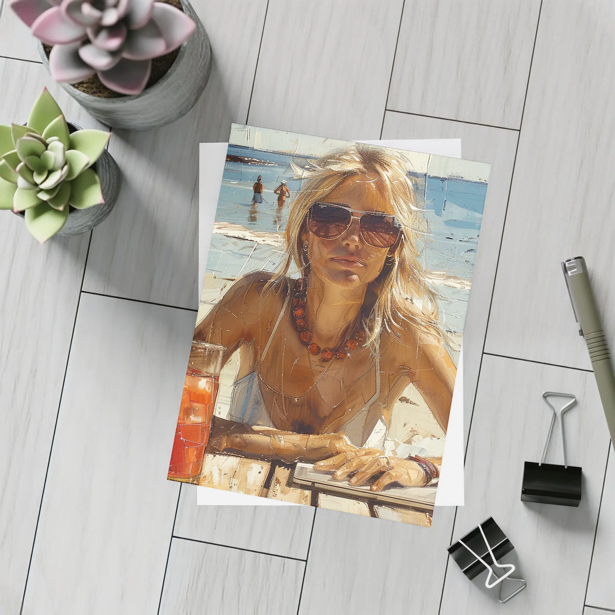 Blonde Woman Beach Summer Oil Painting Art – Postcards