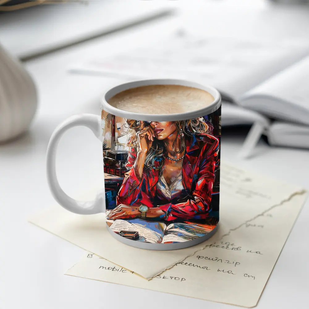 Stylish Woman Reading Books Oil Painting – Mugs