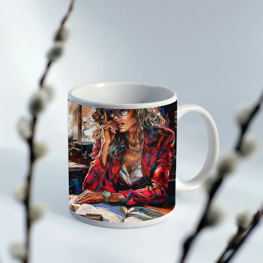 Stylish Woman Reading Books Oil Painting – Mugs
