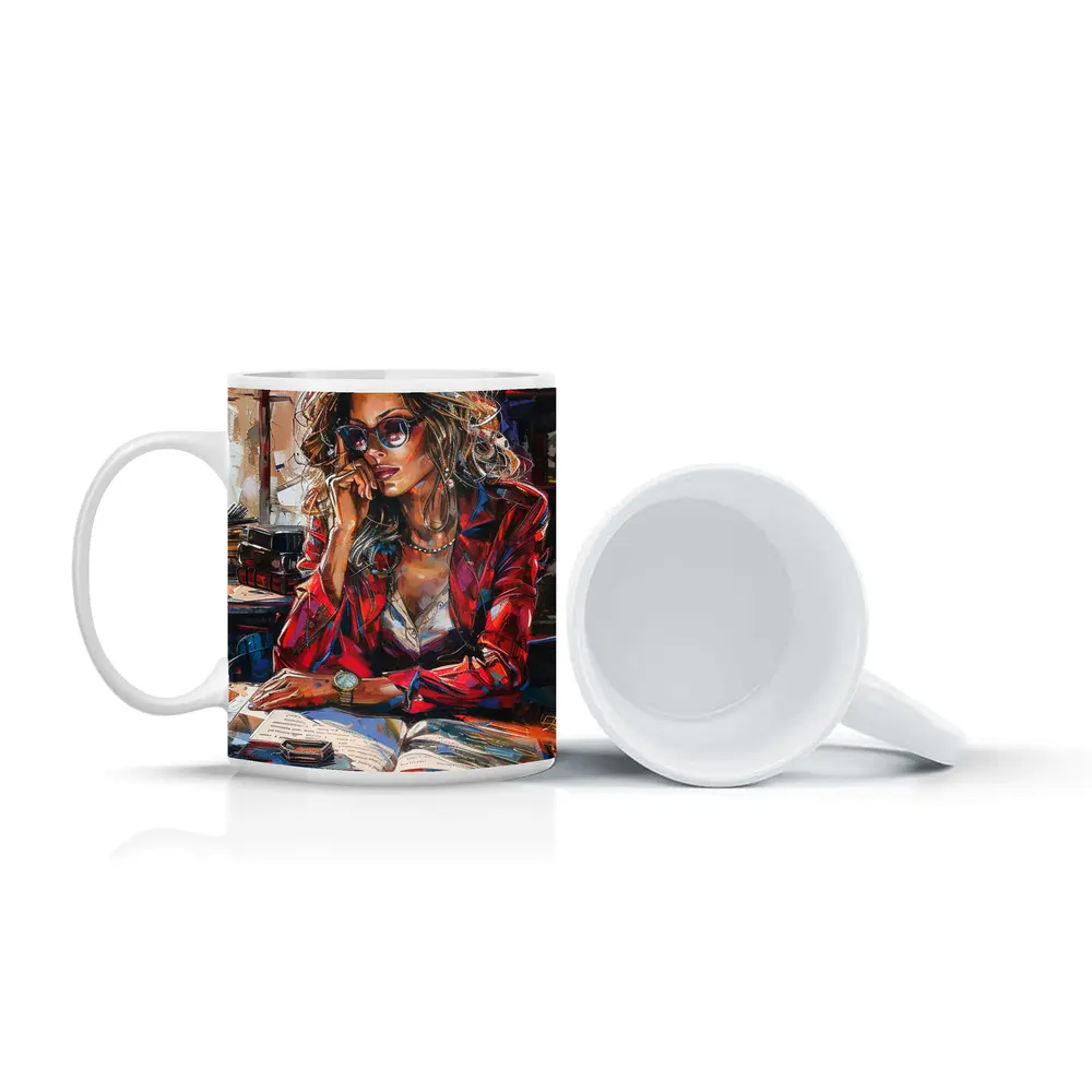 Stylish Woman Reading Books Oil Painting – Mugs