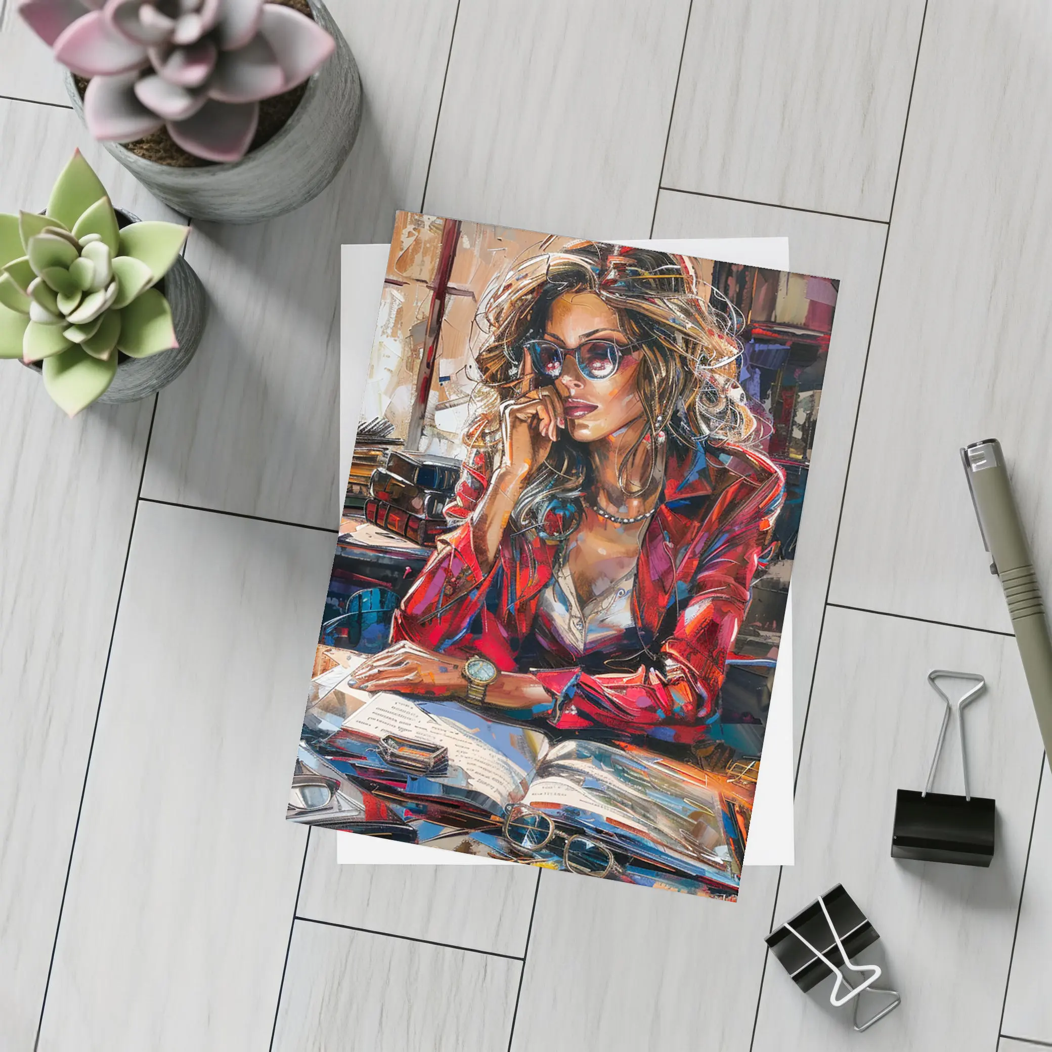Stylish Woman Reading Books Oil Painting – Postcards
