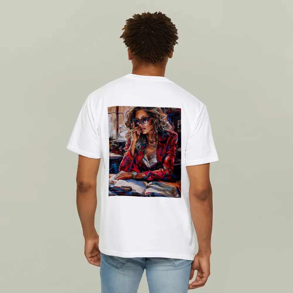 Stylish Woman Reading Books Oil Painting – T-Shirts