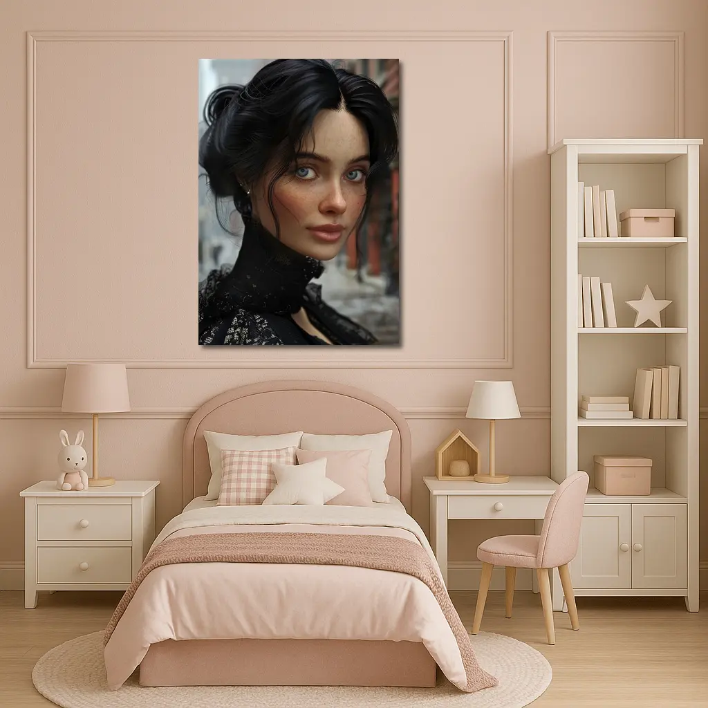 Dark Haired Woman Blue Eyes Urban Street – Wall Art